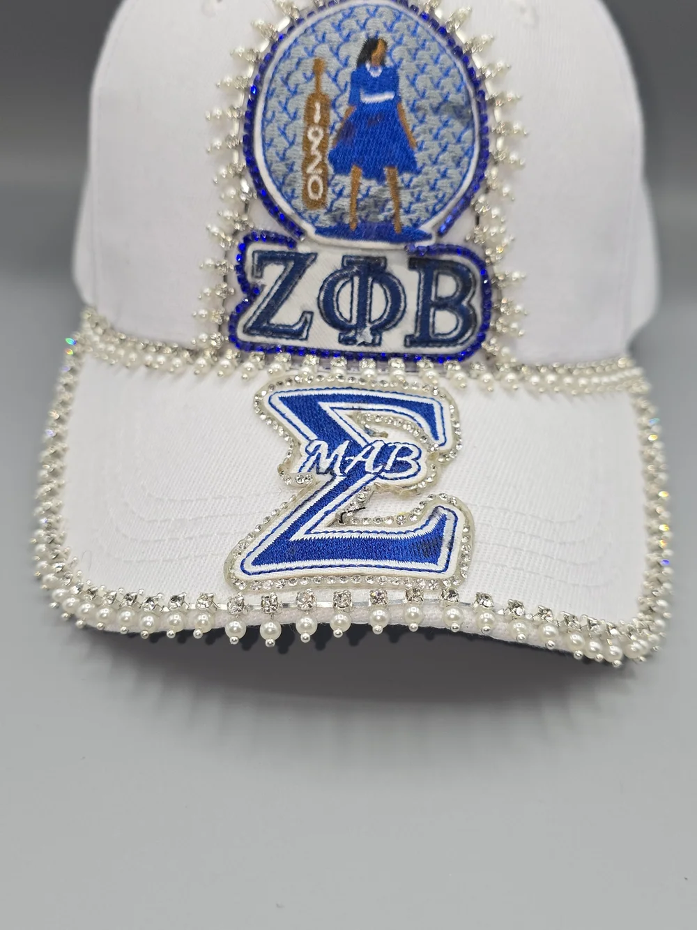 Zeta Phi Beta White & Royal Blue Rhinestone Cap